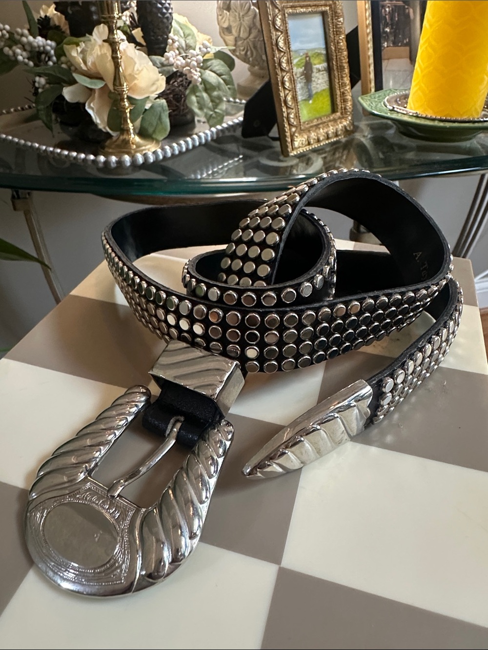 Ann Taylor Black Leather Studded Belt with Silver Hardware 🖤 size small